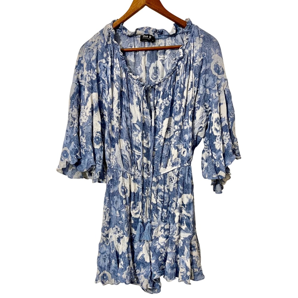 Blue B Collection Women's Romper Blue White Floral Tie Neck Ruffle Sleeve M‎